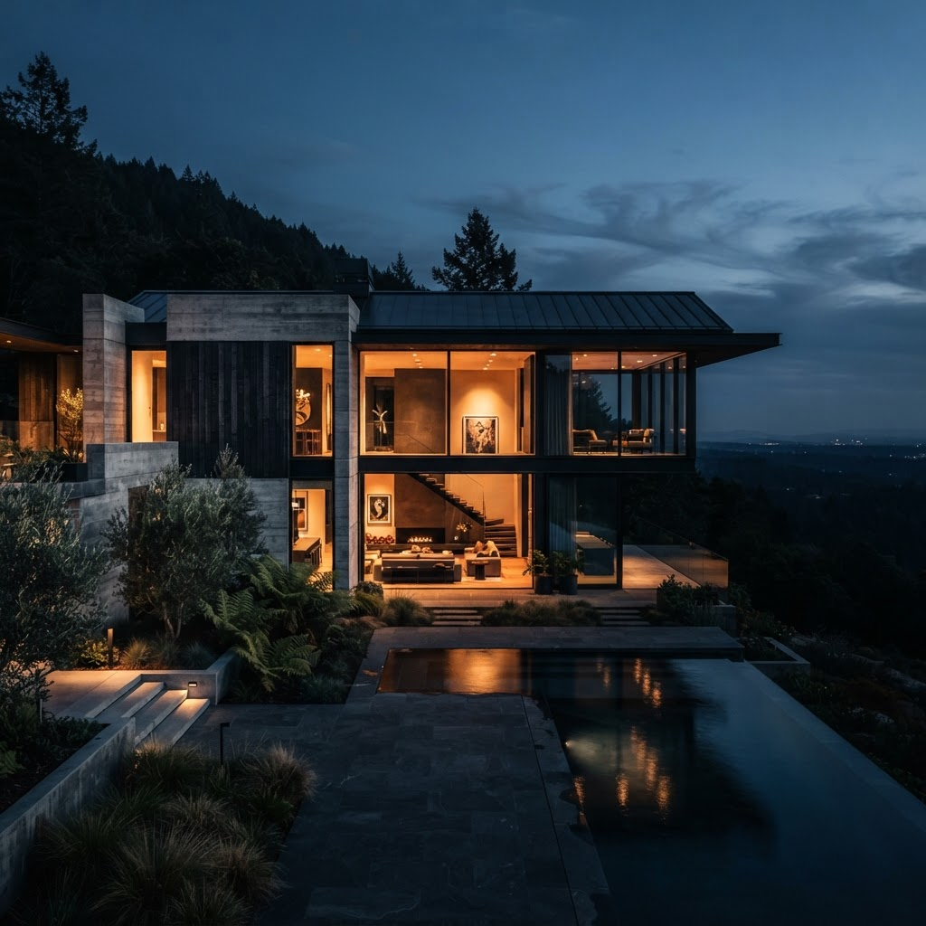 Arquitetura moderna projetada pela Áureon Engenharia ao entardecer